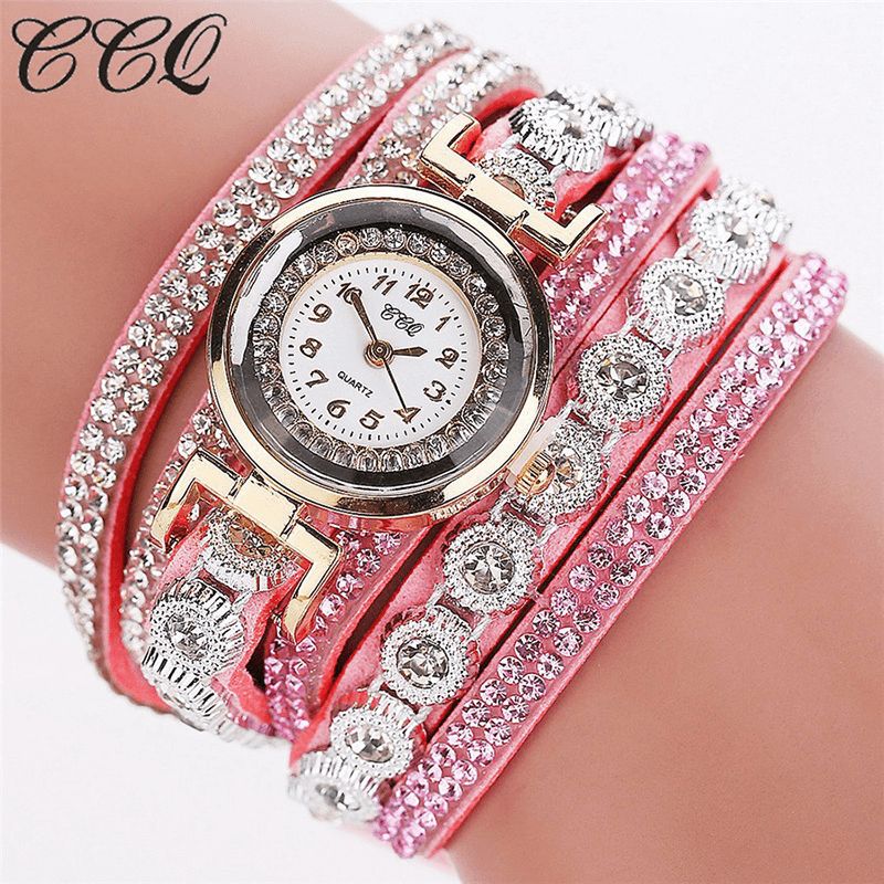 CCq Moda Luxury Rhinestone Pu Leather Band Damskie Quartz Bransoletka Watch