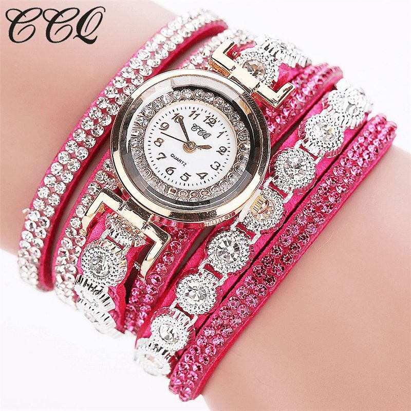 CCq Moda Luxury Rhinestone Pu Leather Band Damskie Quartz Bransoletka Watch