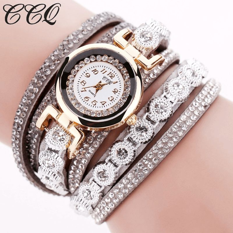 CCq Moda Luxury Rhinestone Pu Leather Band Damskie Quartz Bransoletka Watch