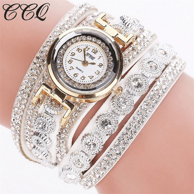 CCq Moda Luxury Rhinestone Pu Leather Band Damskie Quartz Bransoletka Watch