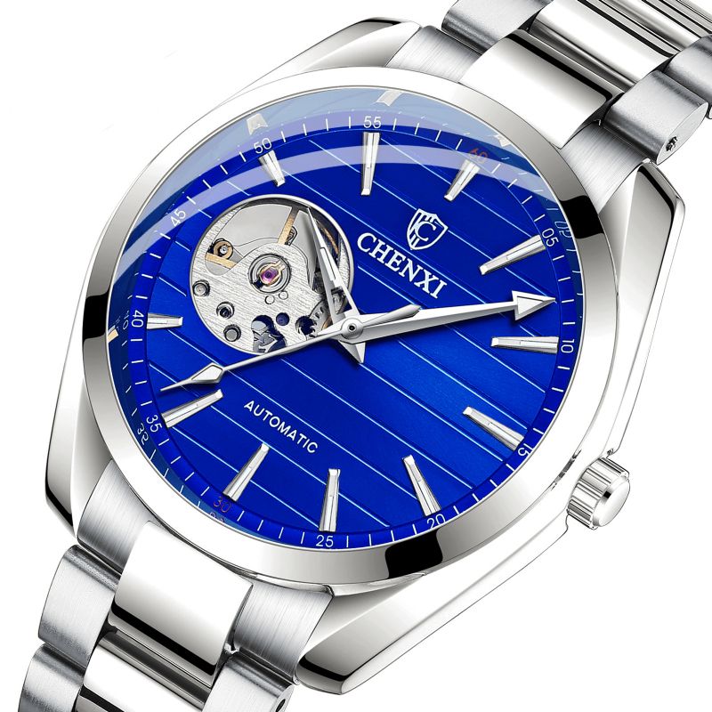 Chenxi 8806 Moda Męskie Automatyczny Zegarek Hollow Dial Luminous Display Pasek Ze Stali Nierdzewnej Wodoodporny Prosty Zegarek Mechaniczny