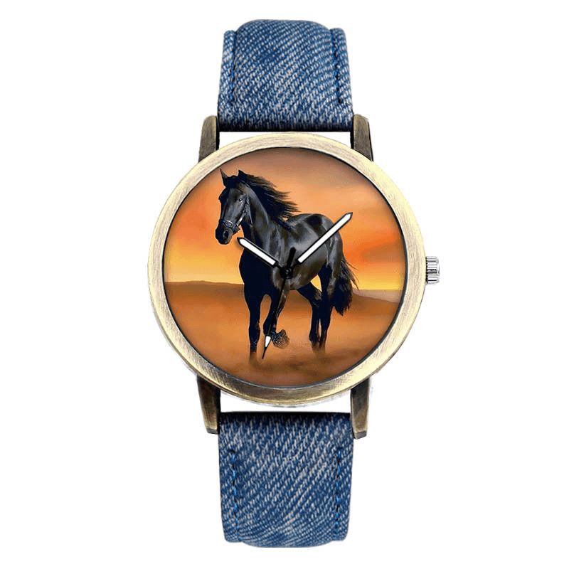 Codzienne Black Horse Desert Dial All-Match Denim Strap Męski Zegarek Kwarcowy Na Rękę