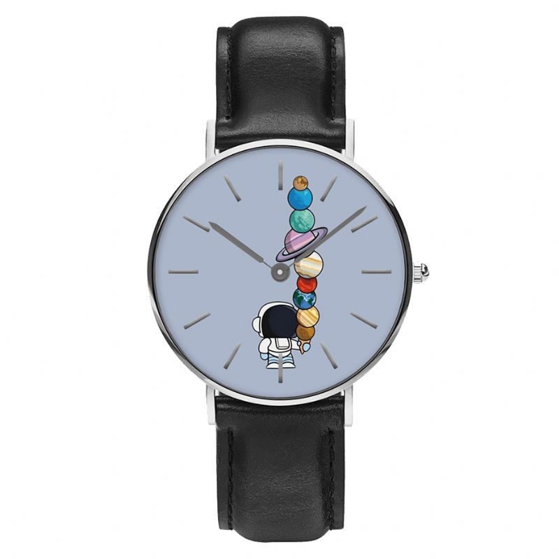 Codzienne Style Męskie Zegarek Cartoon Astronaut Star Ice-Cream Print Pu Skórzany Pasek Zegar Zegarki Kwarcowe