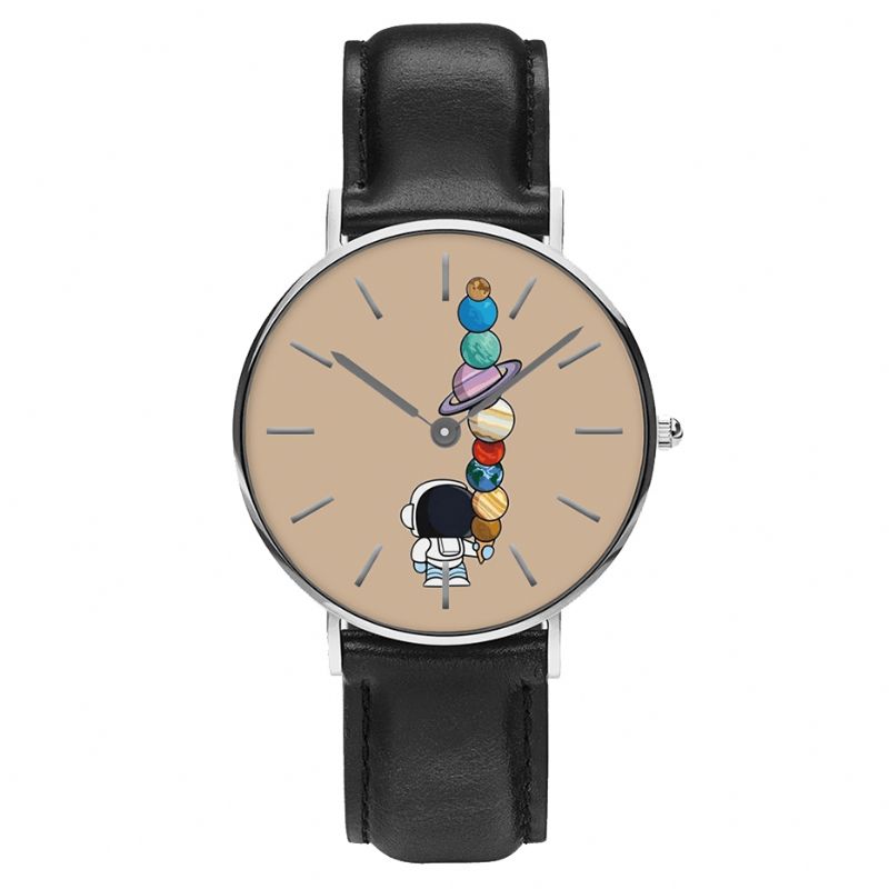 Codzienne Style Męskie Zegarek Cartoon Astronaut Star Ice-Cream Print Pu Skórzany Pasek Zegar Zegarki Kwarcowe