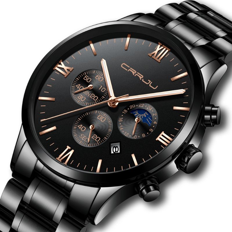 Crrju 2159 Kreatywny Sun Moon Męskie Business Style Chrono 316L Pasek Ze Stali Nierdzewnej Zegarek Kwarcowy