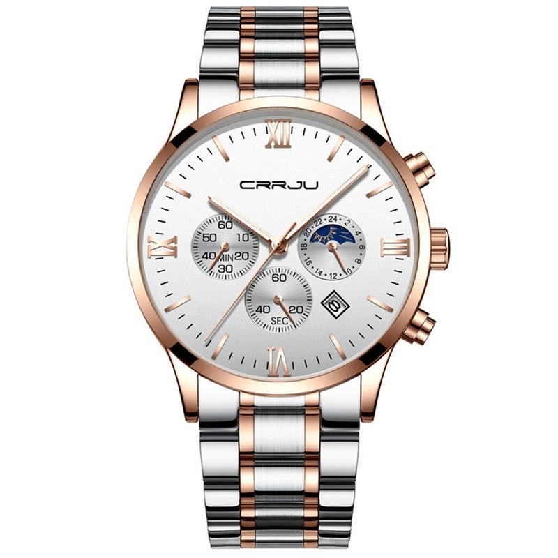 Crrju 2159 Kreatywny Sun Moon Męskie Business Style Chrono 316L Pasek Ze Stali Nierdzewnej Zegarek Kwarcowy