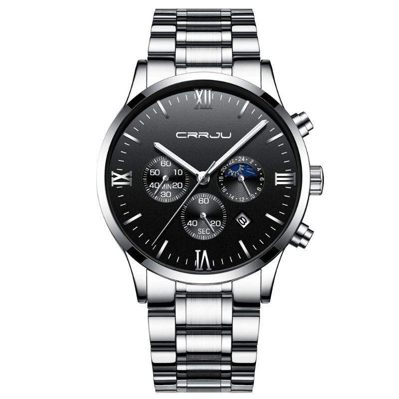 Crrju 2159 Kreatywny Sun Moon Męskie Business Style Chrono 316L Pasek Ze Stali Nierdzewnej Zegarek Kwarcowy