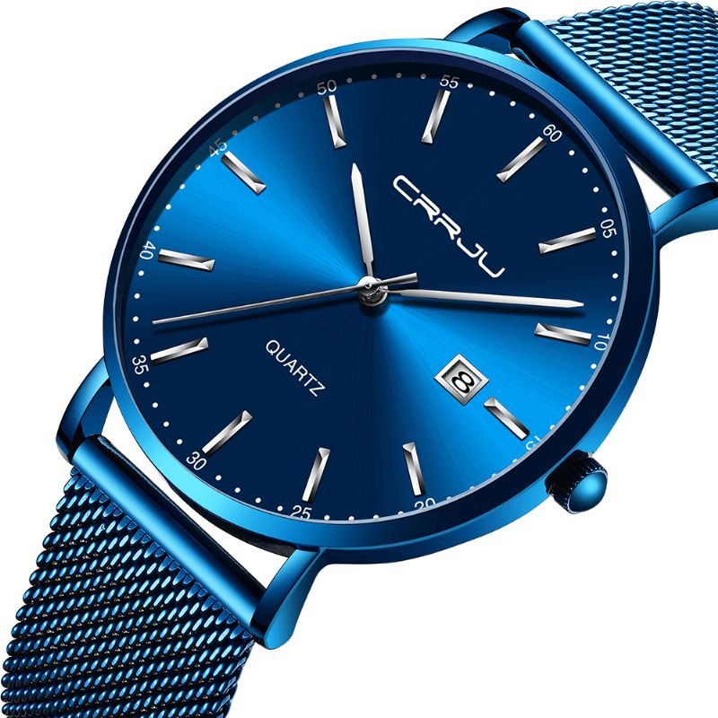 Crrju 2161 Business Style Date Display Luxury Blue Dial Full Steel Strap Męskie Quartz Watch