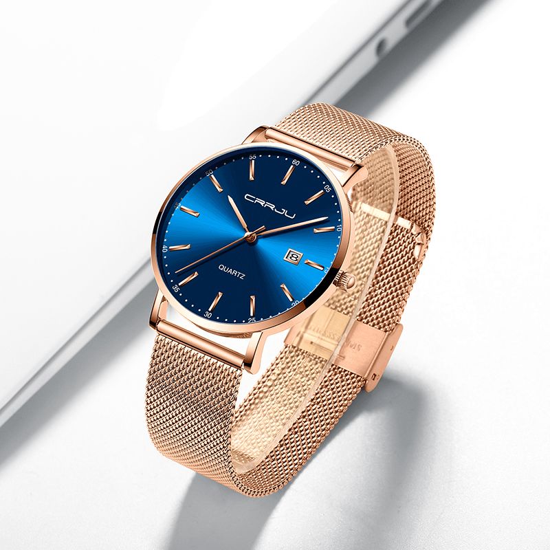 Crrju 2161 Business Style Date Display Luxury Blue Dial Full Steel Strap Męskie Quartz Watch