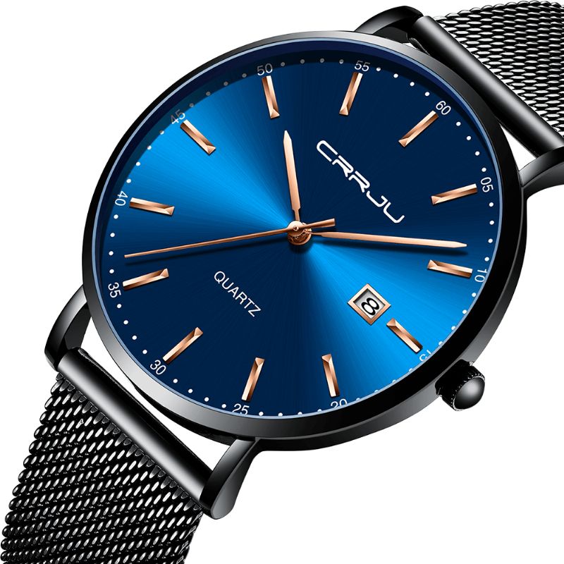 Crrju 2161 Business Style Date Display Luxury Blue Dial Full Steel Strap Męskie Quartz Watch