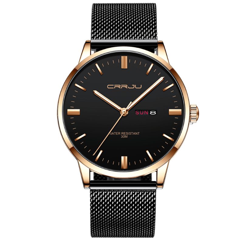 Crrju 2168 Moda Mesh Steel Date Week Luminous Display Codzienne Simple Dial Męskie Quartz Watch