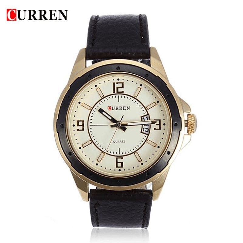 Curren 8124 Black Gold Date Sportowy Skórzany Okrągły Męski Zegarek Na Rękę