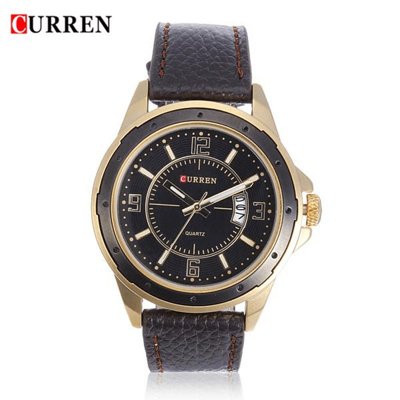 Curren 8124 Black Gold Date Sportowy Skórzany Okrągły Męski Zegarek Na Rękę