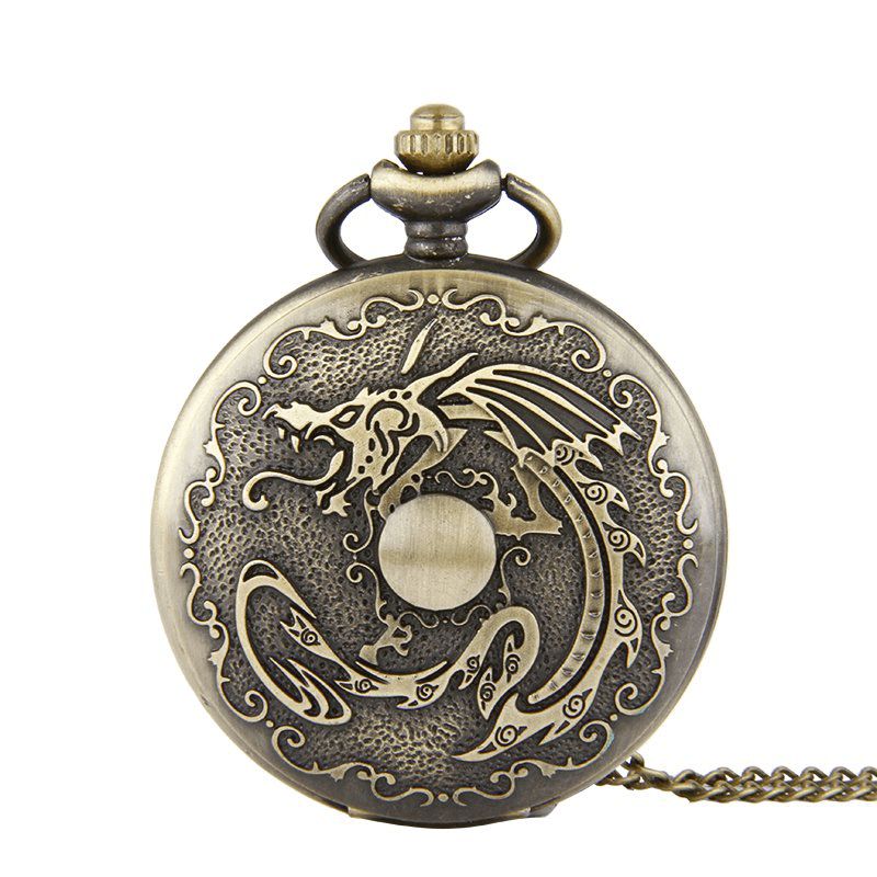 Deffrun Retro Bronze Classic Dragon Pattern Chain Kwarcowy Zegarek Kieszonkowy