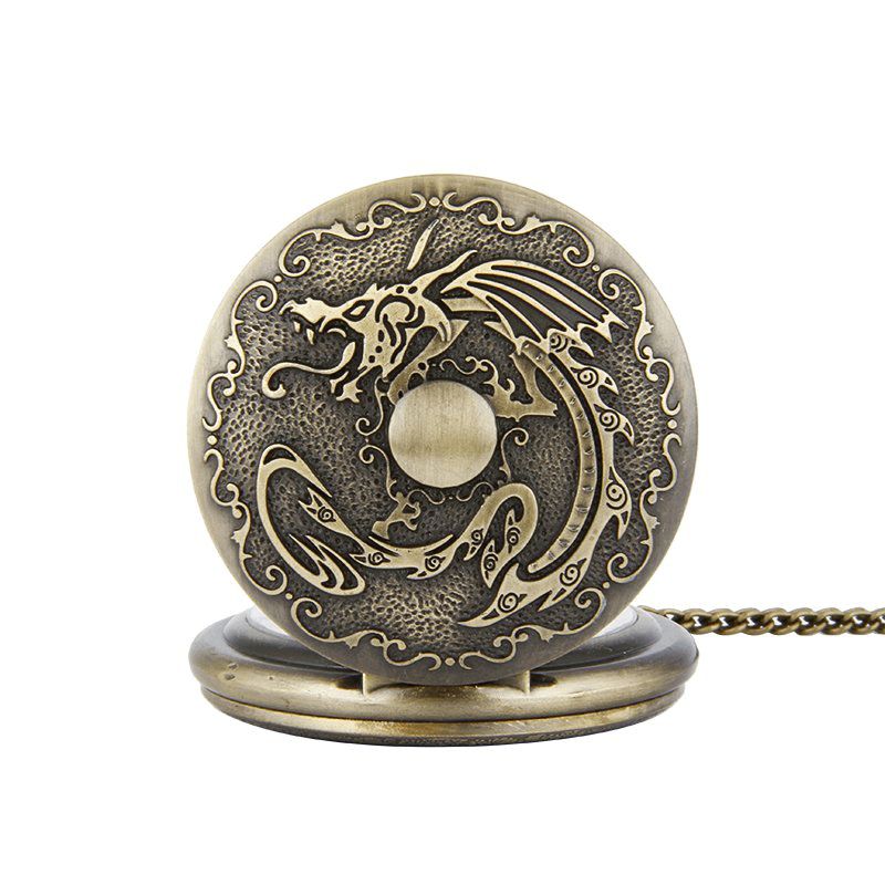 Deffrun Retro Bronze Classic Dragon Pattern Chain Kwarcowy Zegarek Kieszonkowy