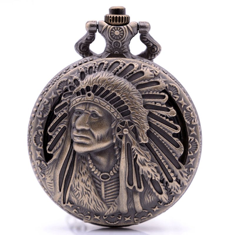 Deffrun Retro Indian Tribe Feather Head Portrait Relief Quartz Zegarek Pocket Watch