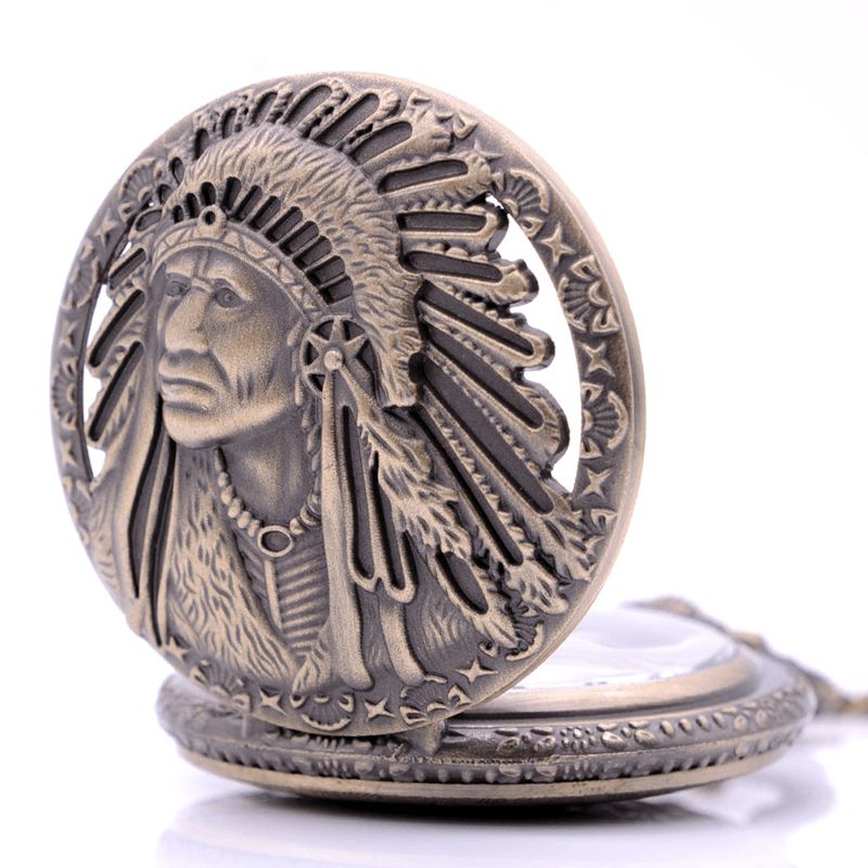 Deffrun Retro Indian Tribe Feather Head Portrait Relief Quartz Zegarek Pocket Watch