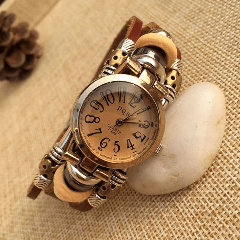 Deffrun Vintage Simple Dial Damskie Bransoletka Zegarek Aluminiowa Obudowa Wielowarstwowy Zegarek Kwarcowy