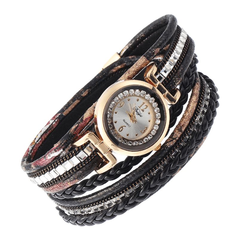 Duoya Damskie Leather Band Winding Analog Laides Dress Bransoletka Zegarek Kwarcowy