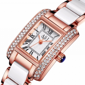 Elegancki Ceramiczny Pasek Crystal Case Cyfry Rzymskie Dial Damskie Ladies Dress Quartz Watch