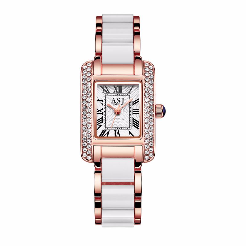 Elegancki Ceramiczny Pasek Crystal Case Cyfry Rzymskie Dial Damskie Ladies Dress Quartz Watch