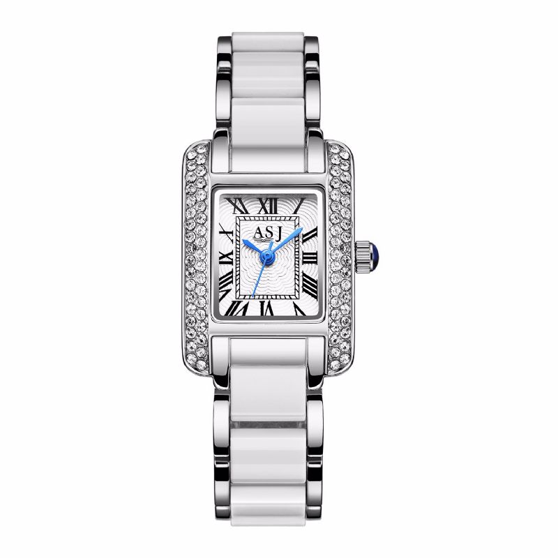 Elegancki Ceramiczny Pasek Crystal Case Cyfry Rzymskie Dial Damskie Ladies Dress Quartz Watch