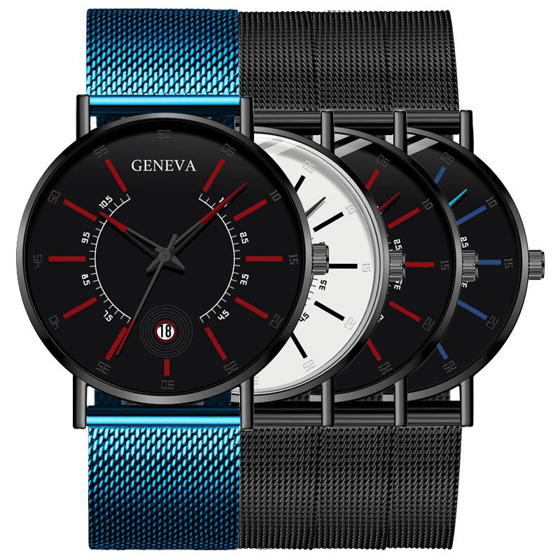 Geneva Business Codzienne Kolorowa Tarcza Ze Wskaźnikiem Z Kalendarzem Alloy Mesh Strap Męskie Quartz Watch