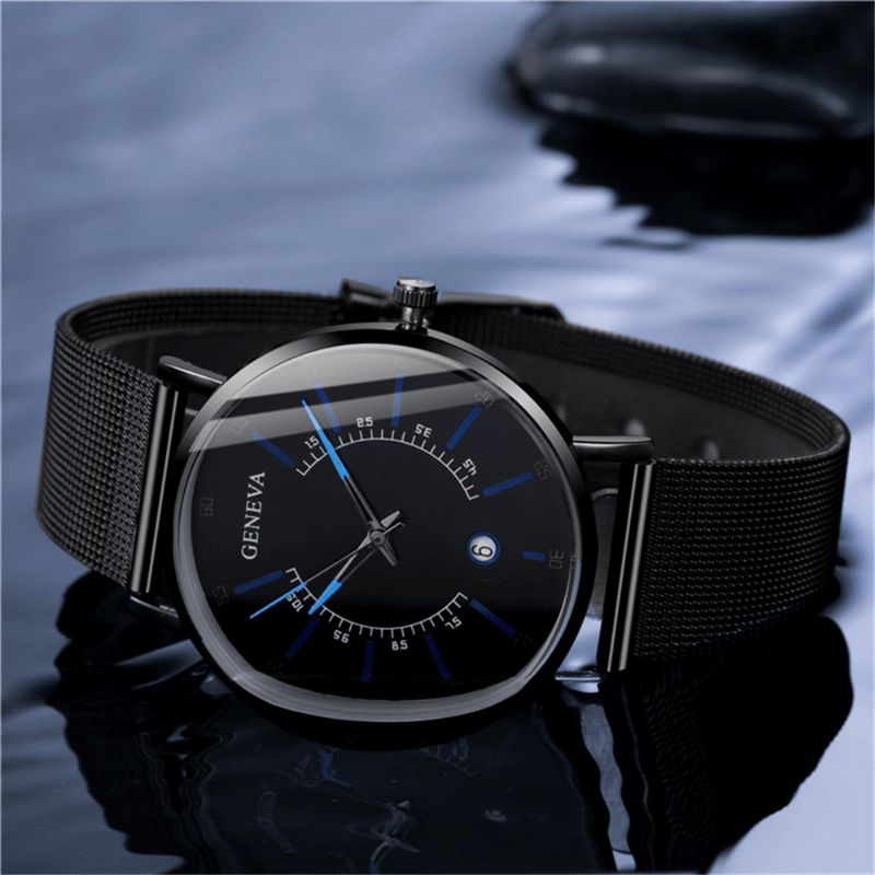 Geneva Business Codzienne Kolorowa Tarcza Ze Wskaźnikiem Z Kalendarzem Alloy Mesh Strap Męskie Quartz Watch