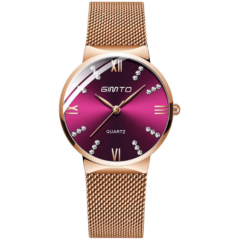 Gimto Gm616 Kryształowa Kolorowa Tarcza Moda Rose Gold Mesh Stalowy Pasek Codzienne Damskie Quartz Watch