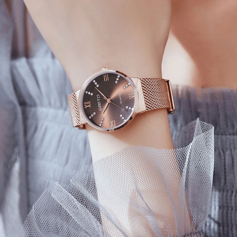 Gimto Gm616 Kryształowa Kolorowa Tarcza Moda Rose Gold Mesh Stalowy Pasek Codzienne Damskie Quartz Watch