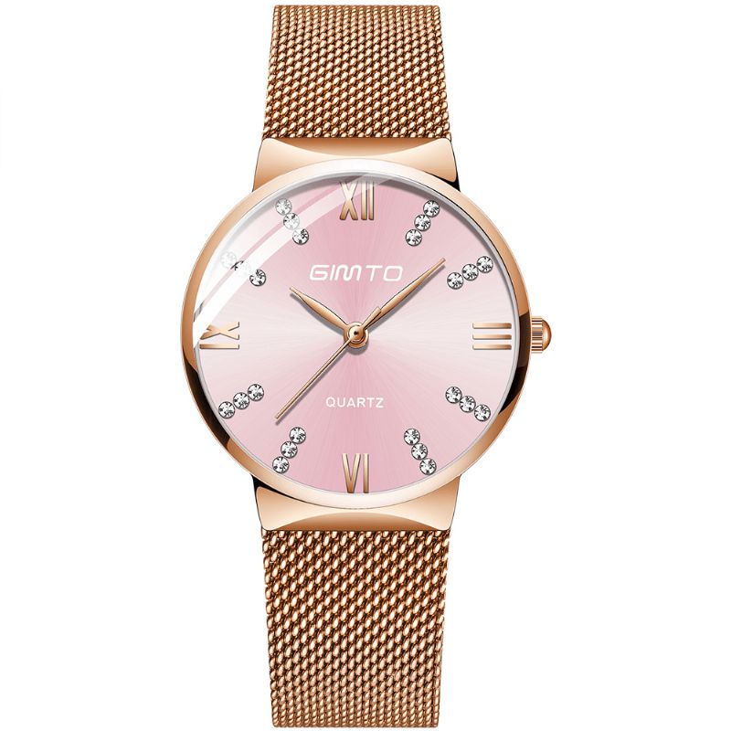 Gimto Gm616 Kryształowa Kolorowa Tarcza Moda Rose Gold Mesh Stalowy Pasek Codzienne Damskie Quartz Watch