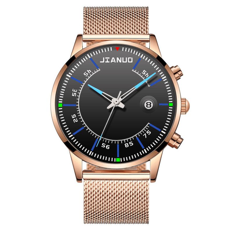 Jianuo Męskie Zegarek Alloy Sports Business Wodoodporny Świecący Kalendarz Mesh Belt Quartz Watch