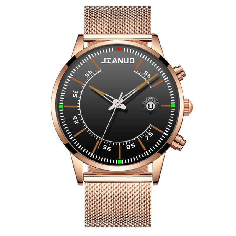 Jianuo Męskie Zegarek Alloy Sports Business Wodoodporny Świecący Kalendarz Mesh Belt Quartz Watch