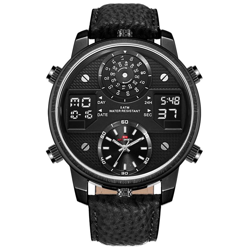 Kat-Wach 720 Wielofunkcyjny Moda Cyfrowy Zegarek Świetlny Wyświetlacz Led Chronograf Kalendarz Budzik Prawdziwy Skórzany Pasek 5Atm Wodoodporny Outdoor Męskie Dual Display Watch