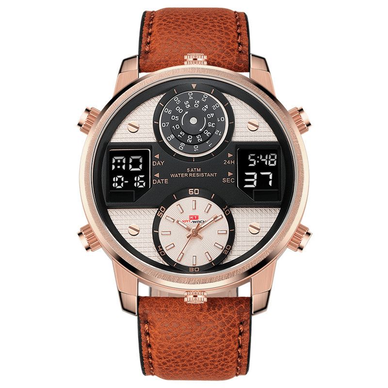 Kat-Wach 720 Wielofunkcyjny Moda Cyfrowy Zegarek Świetlny Wyświetlacz Led Chronograf Kalendarz Budzik Prawdziwy Skórzany Pasek 5Atm Wodoodporny Outdoor Męskie Dual Display Watch