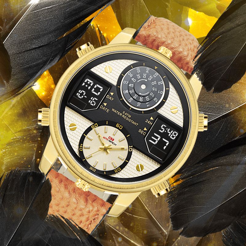 Kat-Wach 720 Wielofunkcyjny Moda Cyfrowy Zegarek Świetlny Wyświetlacz Led Chronograf Kalendarz Budzik Prawdziwy Skórzany Pasek 5Atm Wodoodporny Outdoor Męskie Dual Display Watch