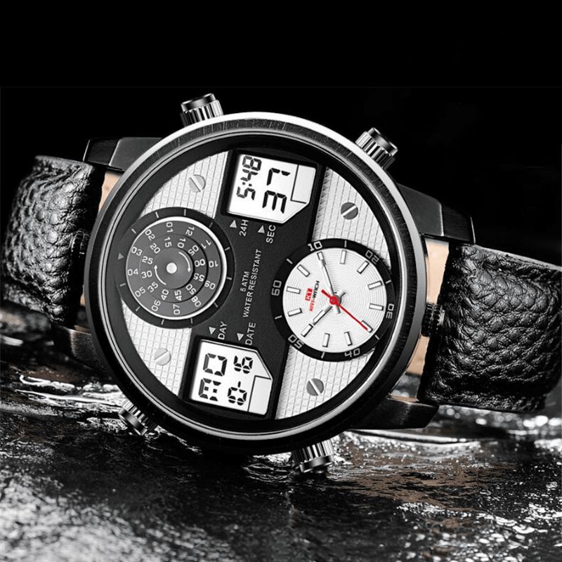 Kat-Wach 720 Wielofunkcyjny Moda Cyfrowy Zegarek Świetlny Wyświetlacz Led Chronograf Kalendarz Budzik Prawdziwy Skórzany Pasek 5Atm Wodoodporny Outdoor Męskie Dual Display Watch