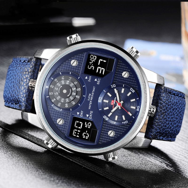 Kat-Wach 720 Wielofunkcyjny Moda Cyfrowy Zegarek Świetlny Wyświetlacz Led Chronograf Kalendarz Budzik Prawdziwy Skórzany Pasek 5Atm Wodoodporny Outdoor Męskie Dual Display Watch