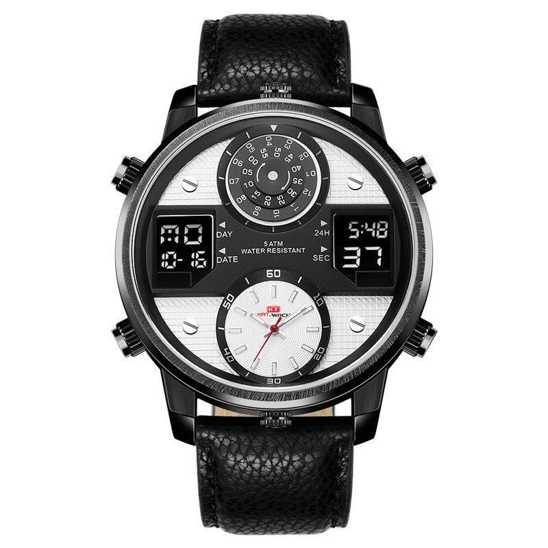 Kat-Wach 720 Wielofunkcyjny Moda Cyfrowy Zegarek Świetlny Wyświetlacz Led Chronograf Kalendarz Budzik Prawdziwy Skórzany Pasek 5Atm Wodoodporny Outdoor Męskie Dual Display Watch