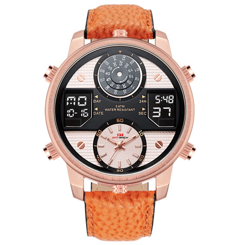 Kat-Wach 720 Wielofunkcyjny Moda Cyfrowy Zegarek Świetlny Wyświetlacz Led Chronograf Kalendarz Budzik Prawdziwy Skórzany Pasek 5Atm Wodoodporny Outdoor Męskie Dual Display Watch