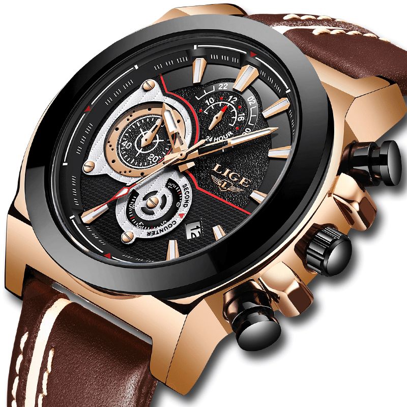 Lige Lg8901 Codzienne Sport Date Display Męskie Wrist Zegarek Luminous Display Skórzany Pasek Zegarek Kwarcowy