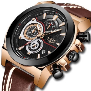 Lige Lg8901 Codzienne Sport Date Display Męskie Wrist Zegarek Luminous Display Skórzany Pasek Zegarek Kwarcowy