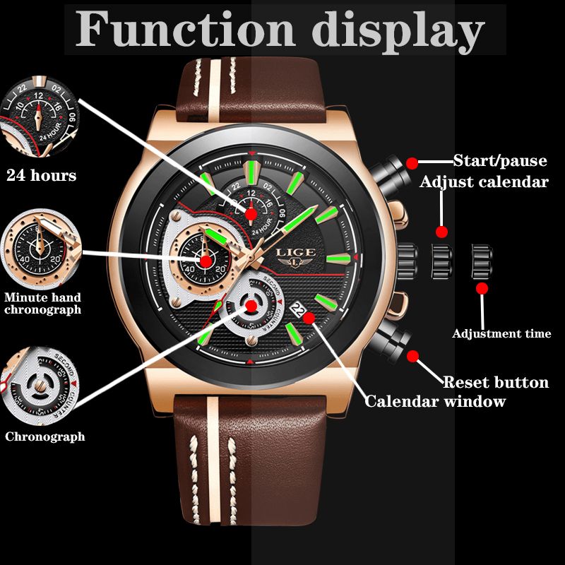 Lige Lg8901 Codzienne Sport Date Display Męskie Wrist Zegarek Luminous Display Skórzany Pasek Zegarek Kwarcowy