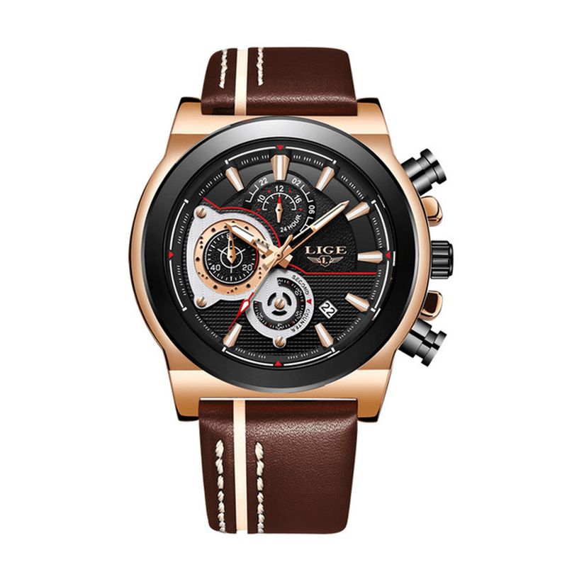 Lige Lg8901 Codzienne Sport Date Display Męskie Wrist Zegarek Luminous Display Skórzany Pasek Zegarek Kwarcowy