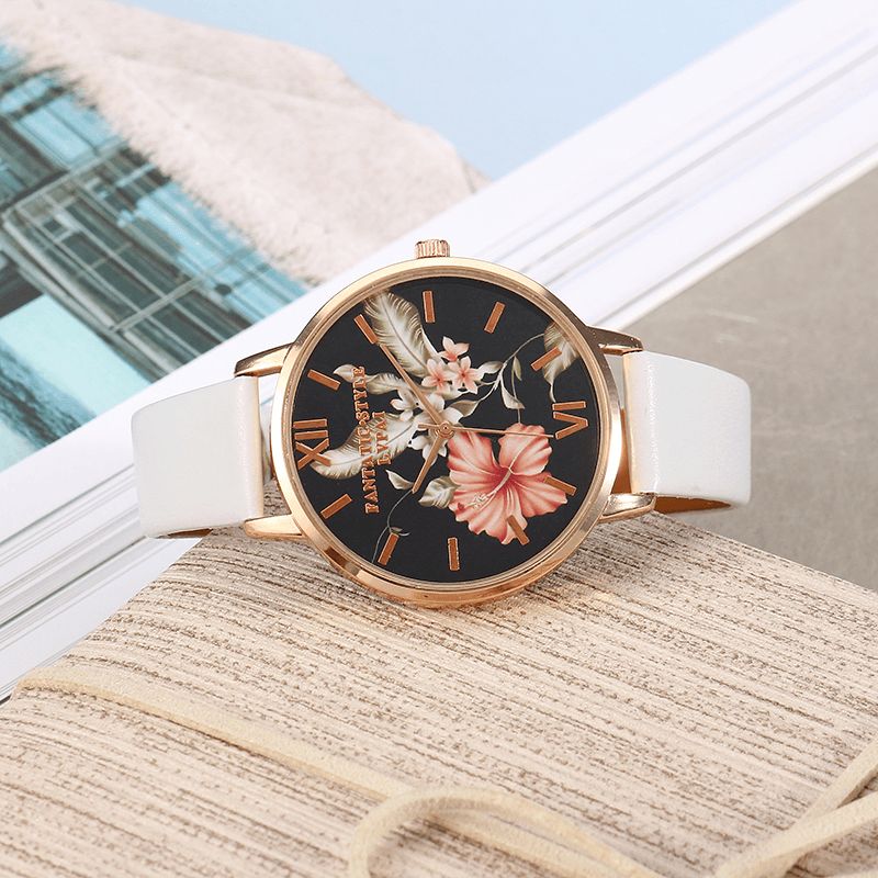 Lvpai Moda Flower Pattern Pu Skórzany Pasek Womenwrist Zegarek Damska Sukienka Zegarek Kwarcowy