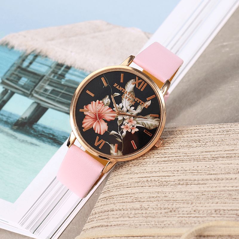 Lvpai Moda Flower Pattern Pu Skórzany Pasek Womenwrist Zegarek Damska Sukienka Zegarek Kwarcowy