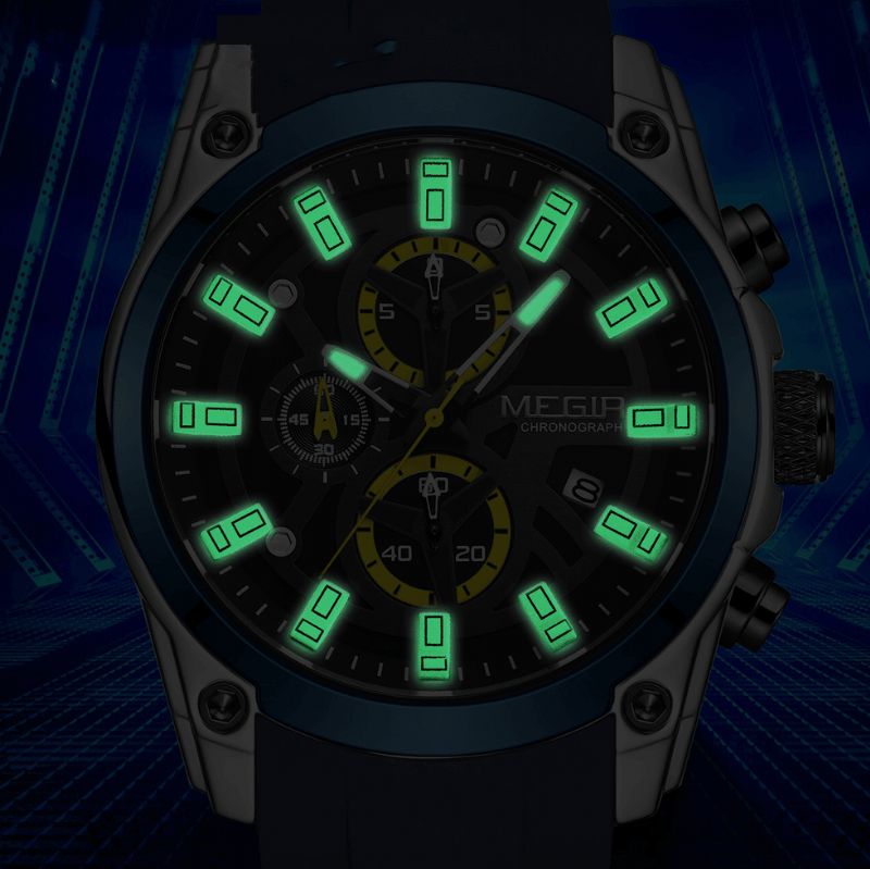 Megir 2144 Codzienne Sport Męskie Zegarek Chronograph Luminous Function Kalendarz Pasek Silikonowy 3Atm Wodoodporny Zegarek Kwarcowy