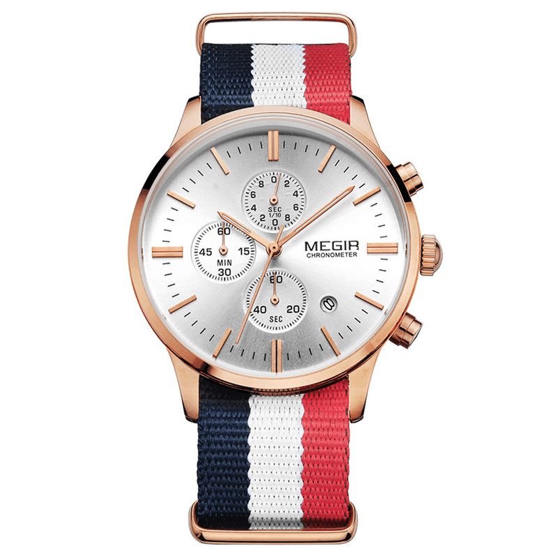 Megir Codzienne Sports Multifunction Z Kalendarzem Chronograph Cloth Strap Wodoodporny Męski Zegarek Kwarcowy