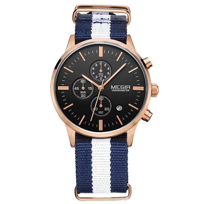 Megir Codzienne Sports Multifunction Z Kalendarzem Chronograph Cloth Strap Wodoodporny Męski Zegarek Kwarcowy