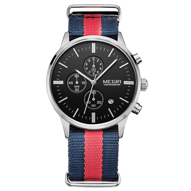 Megir Codzienne Sports Multifunction Z Kalendarzem Chronograph Cloth Strap Wodoodporny Męski Zegarek Kwarcowy